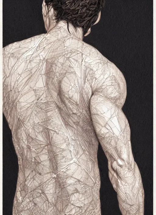 Prompt: darkhaired man seen from behind wearing loose tee shirt, head and shoulders, intricate, highly detailed, centered, digital painting, artstation, concept art, smooth, sharp focus, illustration, art by artgerm and donato giancola and Joseph Christian Leyendecker