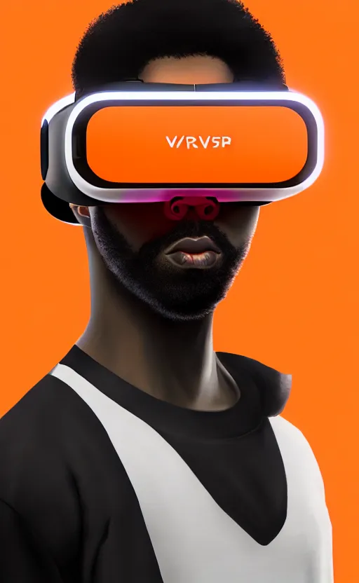 Image similar to handsome black genius hacking the metaverse, vr headset, white t - shirt and jordans floating, three dimensional holographs and translucent orange glow, highly detailed, digital painting, artstation, concept art, smooth, sharp focus, illustration, art by wlop, uang guangjian and gil elvgren and sachin teng and greg rutkowski