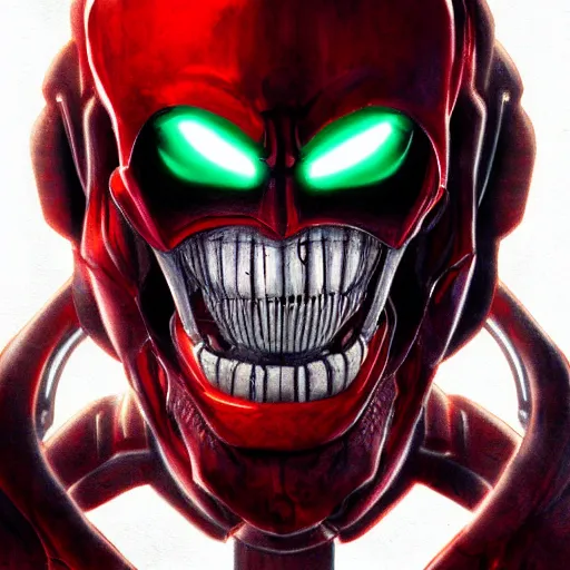 Image similar to portrait of an intimidating glowing scary giant, face and skin is dark red, glowing eyes, glowing veins of white, hero, villain, concept art, xenomorph, joker, ultron, darth vader, centered