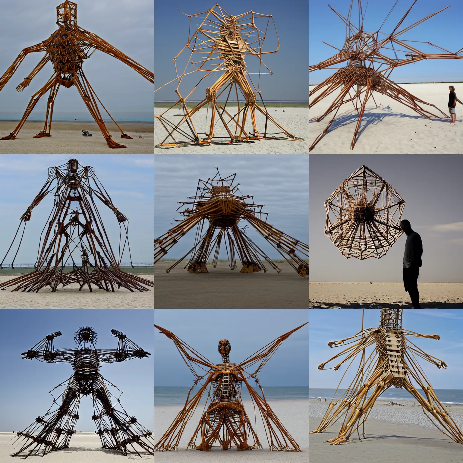 Prompt: strandbeest in the shape of a man standing, theo jansen