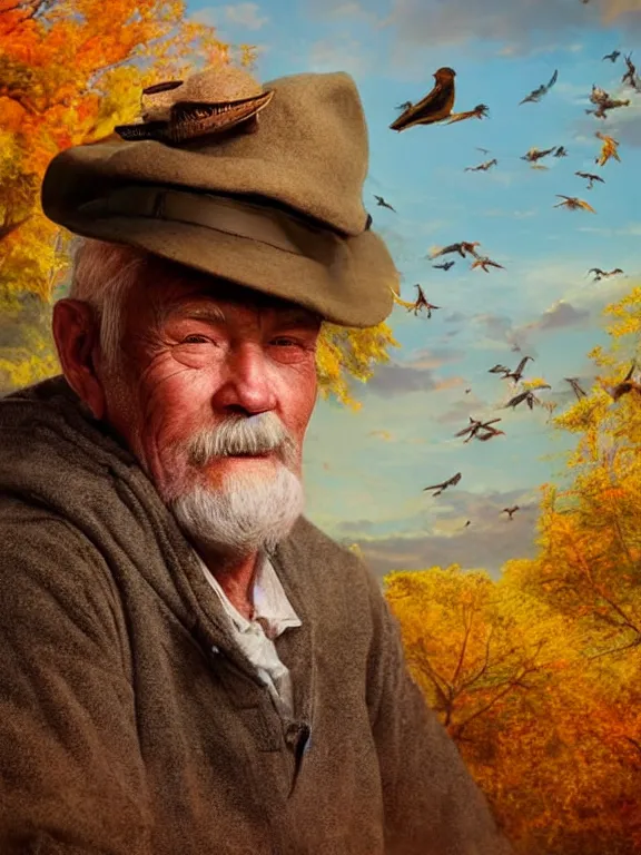 Prompt: realistic renderings portrait of very old fisher man portrait with a hat, wearing a fisher 🧥, ( ( ( a bird in the sky ) ) ) port scene background, astonishing scenes, detailed, photorealism, volumetric lighting, autumn lights colors, ultra detailed