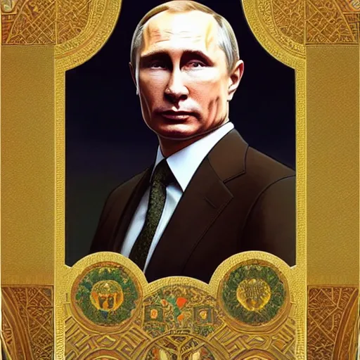 Prompt: a portrait of ( male ) putin, upper half portrait, decorated with russian motifs, traditional russia, intricate, elegant, highly detailed, symmetry, headpiece, digital painting, artstation concept art smooth sharp focus, illustration, art by artgerm and greg rutkowski alphonse mucha 8 k