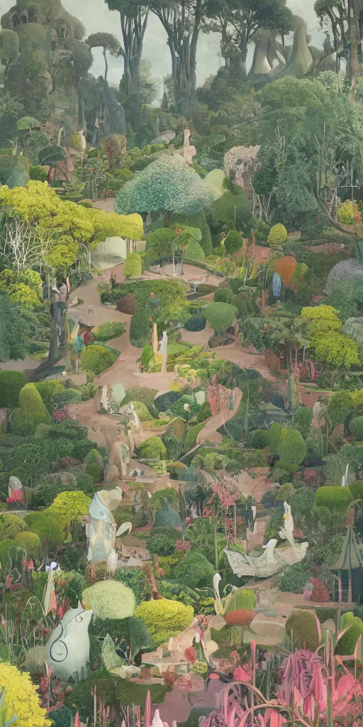 Prompt: bosch and beeple and beeple painting of a magnificent garden filled with remarkable sculptures, trees, and structures, incredible details