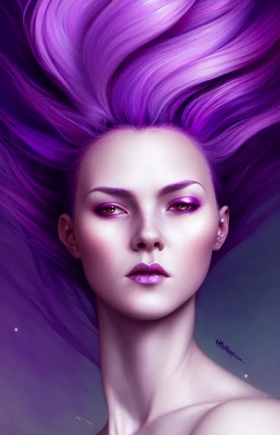 Image similar to Purple hair relistic macro Portrait of a woman with bright colored flying hair, all shades of purple. Beauty face, Hair coloring, fantasy, intricate, elegant, highly detailed, digital painting, artstation, concept art, smooth, sharp focus, illustration, art by artgerm and greg rutkowski and alphonse mucha