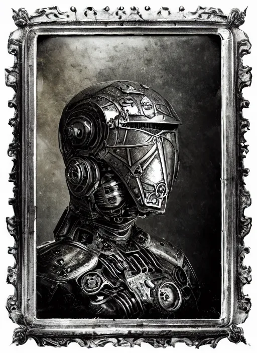 Prompt: old wetplate daguerreotype frame portrait of a futuristic silver armored knight district 9 cyborg, fractal, intricate, elegant, highly detailed, subsurface scattering, by jheronimus bosch and greg rutkowski and louis jacques mande daguerre