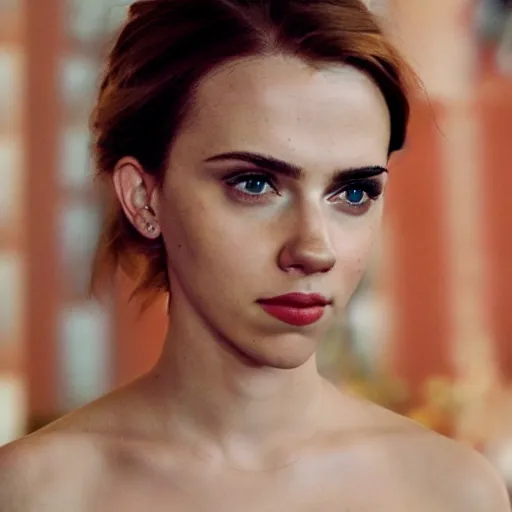 Image similar to a woman who is a genetic combination of scarlett johansson and emma watson face and upper - body focus