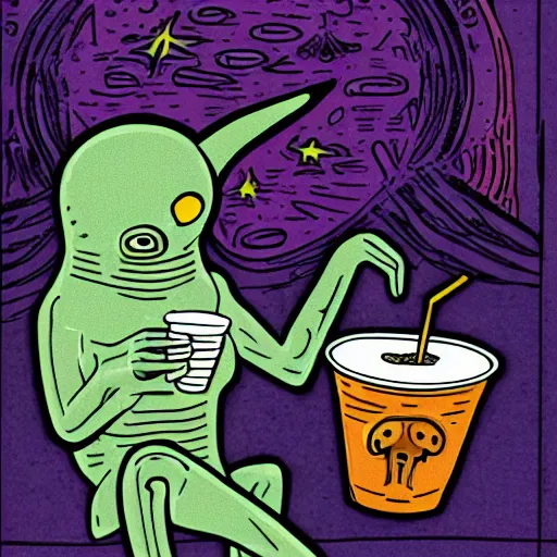 Prompt: an alien drinking horchata, detailed, tarot card