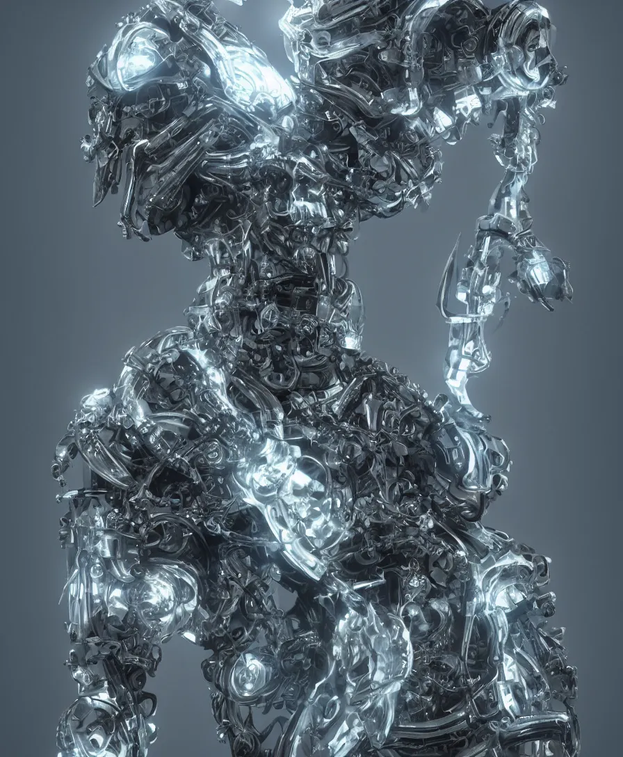 Prompt: symmetrical artwork. high contrast. increased sharpness. close-up portrait of one biomechanical lich with halo with transparent skin made of glass, jarold Sng and Stephen Oakley, octane render, greg rutkowski, artstation