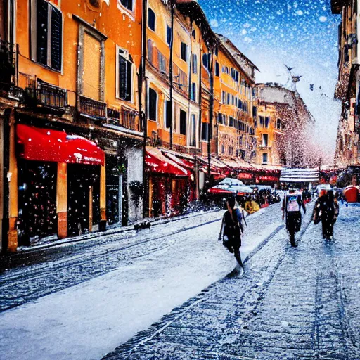 Image similar to The city of Rome under the snow on August. It's snowing everywhere on the entire cityscape of Rome under a blue sky and a very hot sun. It's crazy hot with red hot flames and fire everywhere but also very big snowflakes. People walk wearing swimsuits, tee shirts and shirt dresses and are very puzzled.