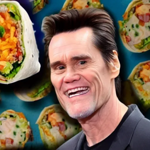 Image similar to jim carrey's head inside of a burrito, inside burrito, inside burrito