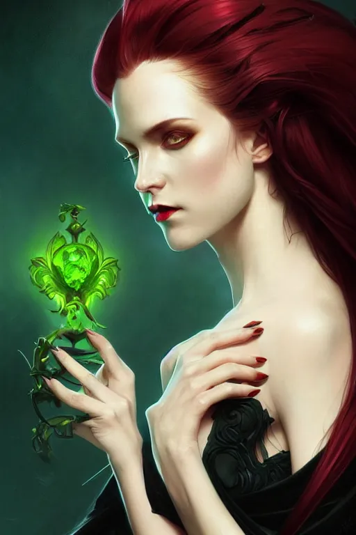 Prompt: portrait of a dark fantasy seductive female necromancer, stylish black dress, green eyes, long red hair, fantasy, elegant, intricate, full frontal shot, highly detailed, digital painting, artstation, concept art, sharp focus, illustration, art by artgerm and greg rutkowski and alphonse mucha