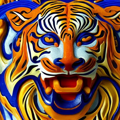 Image similar to breathtakingly cool beautiful complex stylised balinese carving ornate coloured sculpture tiger, extreme closeup, incredibly detailed, 8 k artstation