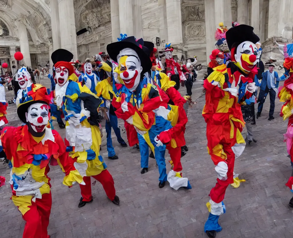 Prompt: a group of angry clowns wearing uniforms from major corporations attacking a government building