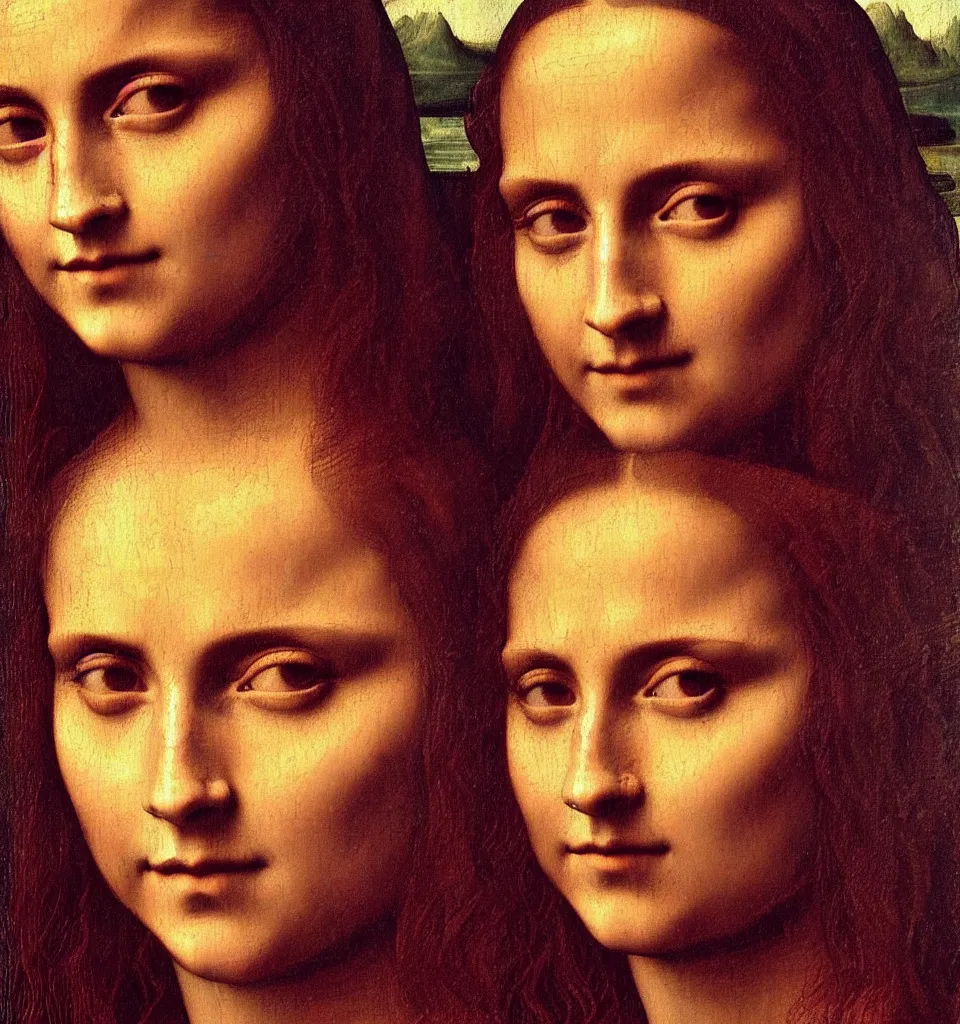 Image similar to emma watson oil painting by leonardo da vinci in style of mona lisa, close up portrait