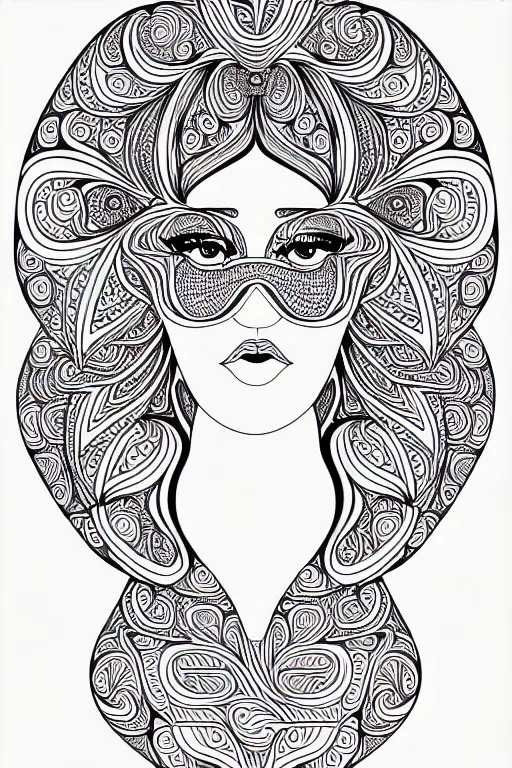 Image similar to portrait of beautiful women ornate luxury fractal ink drawing line art colouring page, vector, colorful, margins, fine lines, centered