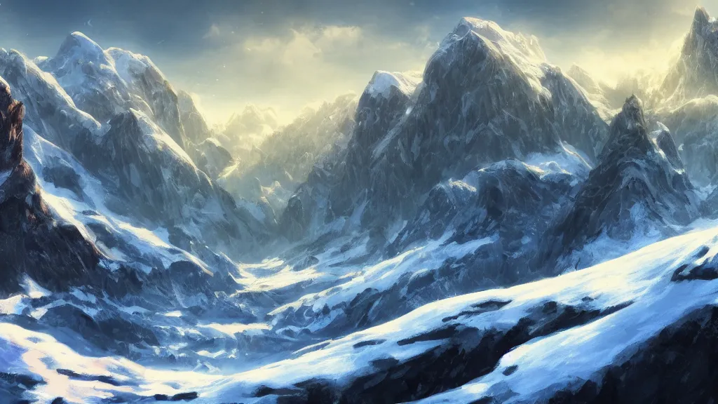 Image similar to mountain range, cold colors, winter, fantasy artwork, award winning, very very very very very very very beautiful scenery, hd, 4k, cinematic wallpaper, trending on artstation