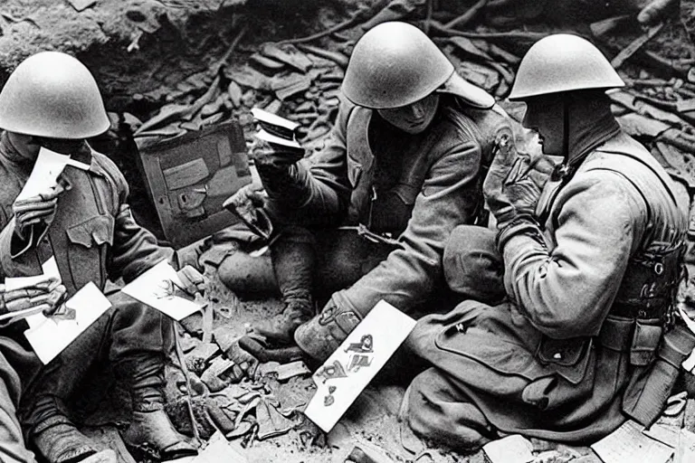 Image similar to old monochromatic photograph of Wolverine and Spider-Man playing cards in a WW1 trench