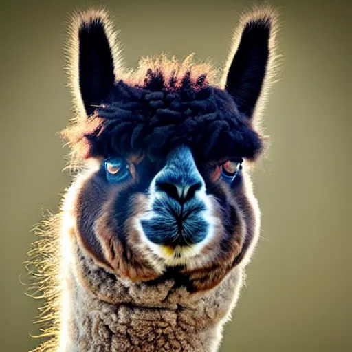 Image similar to an alpaca - cat - hybrid with a beak, animal photography, wildlife photo, award winning