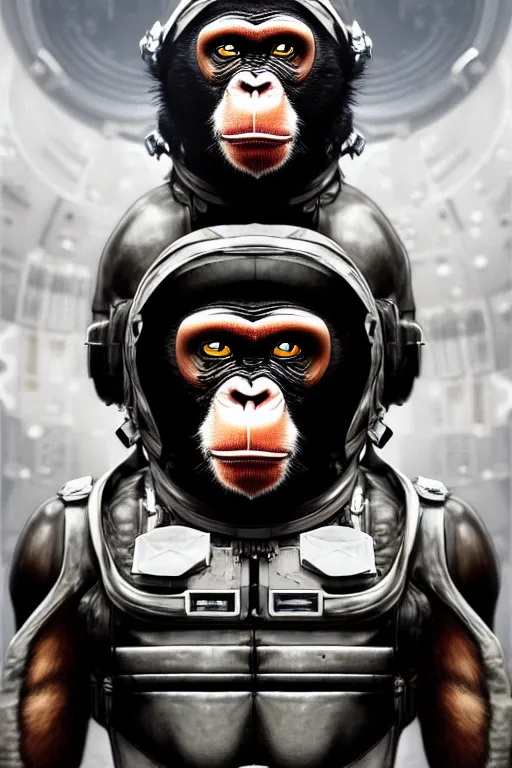 Image similar to a portrait of a muscular anthropomorphic cyberpunk chimp in spacesuit armor with ensignia on chest plate by sandra chevrier, by jon foster, detailed render, post - processing, extremely hyperdetailed, intricate, epic composition, cybernetics, 4 k realistic, cryengine, realistic shaded lighting, sharp focus, masterpiece, by enki bilal