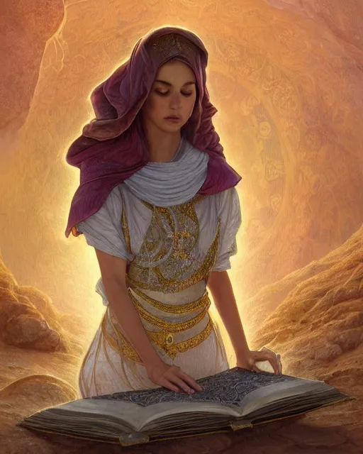 Prompt: an open quran on an old stone in the desert surrounded by nebula, highly detailed, gold filigree, romantic storybook fantasy, soft cinematic lighting, award, disney concept art watercolor illustration by mandy jurgens and alphonse mucha and alena aenami, pastel color palette, featured on artstation