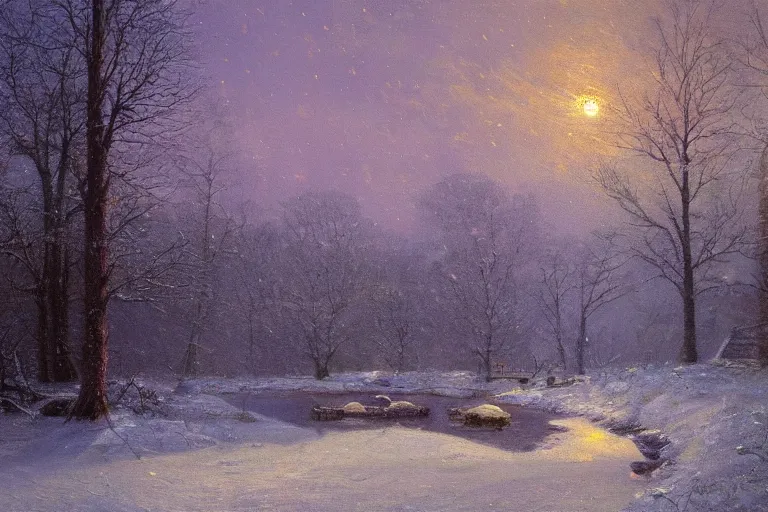 Image similar to beautiful nature, winter, night, norhtern lights, very detailed, focused, cinematic lighting, oil painting, colorful, canvas, artstation,Sydney Mortimer Laurence, Albert Bierstadt