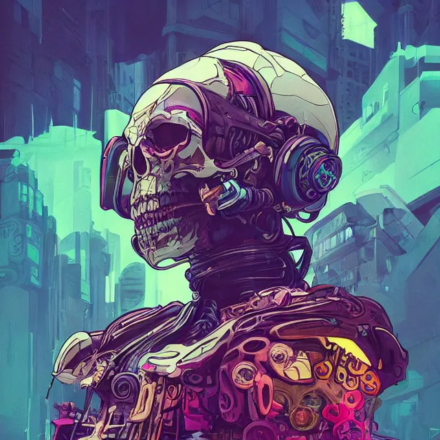 Image similar to a beautiful painting of a ( cyberpunk ) skull by simon stalenhag and pascal blanche and alphonse mucha! and nekro. in style of digital art. colorful comic, film noir, symmetry, hyper detailed. octane render. trending on artstation