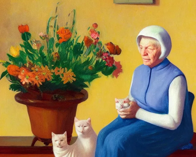 Prompt: detailed portrait of a peaceful old lady and her cat made out of flowers, Edward Hopper, sharp high quality