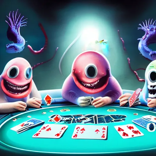 Image similar to deep ocean creatures playing poker soft lighting, realistic, 8 k photography