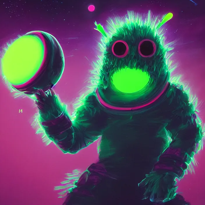 Image similar to cinematic portrait of a cute tennis ball monster in space, neon lasers, chalk, masterpiece, trending on artstation, featured on pixiv, cinematic composition, dramatic pose, beautiful lighting, sharp details, hyper - detailed, hd, hdr, 4 k, 8 k, art by basil gogos