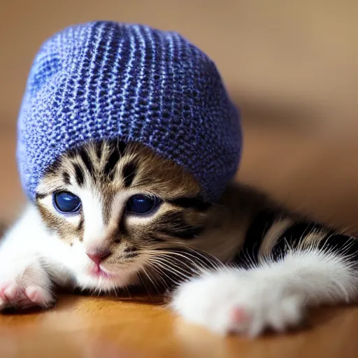 Image similar to child's drawing of a kitten wearing a knitted cap.