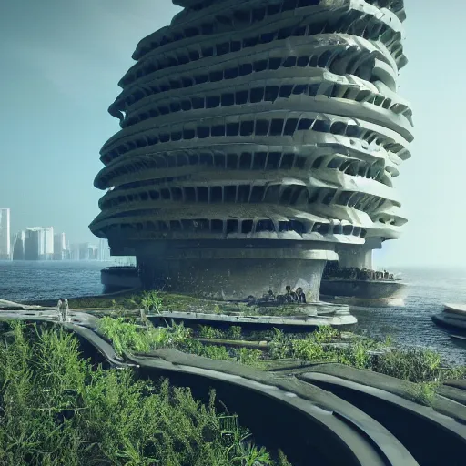 Image similar to scifi architecture, city, sustainable, ecology, green, parametric, brutal, concrete, people, sea, water, cinematic, realistic, octane render.
