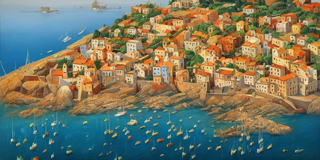 Prompt: An oil painting of a beautiful Mediterranean fishing village by Michiel Schrijver, aerial view