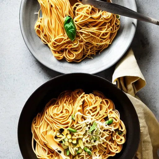 Image similar to italian pasta fighting ramen noodles for kitchen supremacy