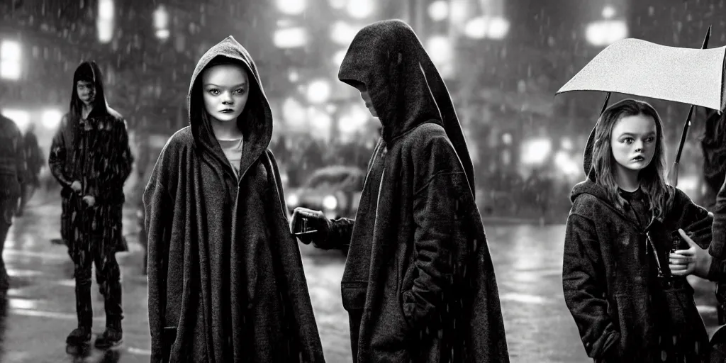 Image similar to night scene, sadie sink in hoodie sits sells umbrellas on city corner, pedestrians ignore her : grainy b & w 1 6 mm film, 2 5 mm lens, single long shot from schindler's list by steven spielberg. cyberpunk, steampunk. cinematic atmosphere and composition, detailed face, perfect anatomy