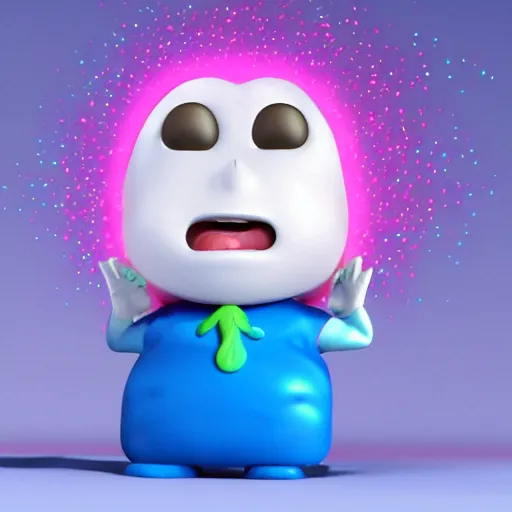 Image similar to single crazy melting plastic toy Pop Figure characterdesign product, C4d, by pixar, by dreamworks, screaming with drooling mouth open, in a Studio hollow, surrounded by flying particles