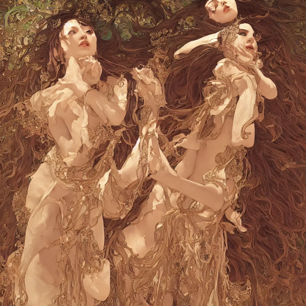 Image similar to seductive goddess dancing in the desert, symmetrical face, fantasy, surreal, intricate and very beautiful and elegant, highly detailed, digital painting, trending on artstation, concept art, smooth and sharp focus, illustration, art by tan zi and ayanamikodon and alphonse mucha and wlop