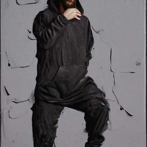 Image similar to a full body portrait of modern day jesus wearing jerry lorenzo streetwear hoodie and pants by nicola samori, oil painting, smudges, realistic, 8 k, adidas sneakers style