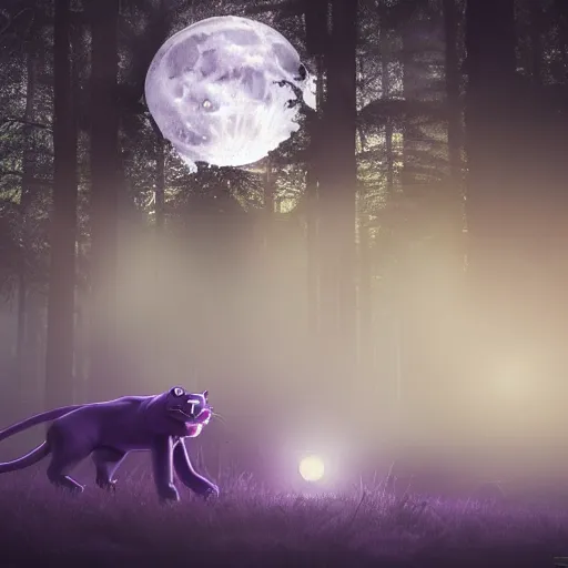 Image similar to a purple panther roaring at the moon in a forest during the night, large moon in the center. trending on artstation. cinematic. photoreal. dark colors. night.