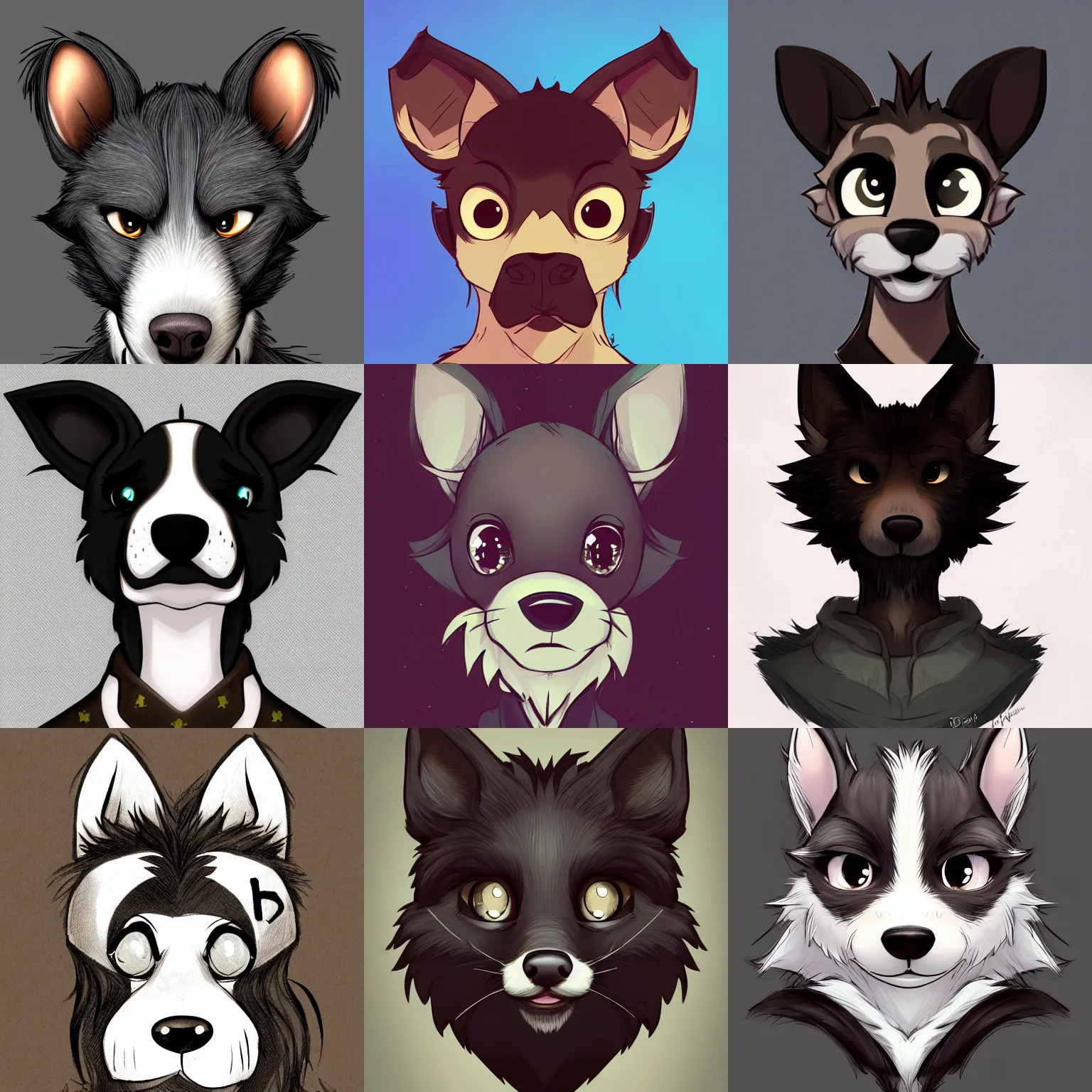 Prompt: 3/4 headshot of young male furry, D&D, cute, fantasy, intricate, short hair, black skin, dog face, dog nose, dog head, dog ears, black hair, elegant, highly detailed, cartoony, artstation, concept art, smooth, sharp focus, illustration, art by Diives