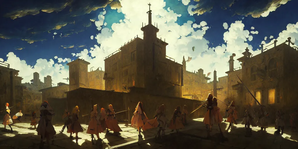 Prompt: baroque oil painting of anime key visual environment concept art of anime maids crusading in jerusalem, brutalist, dark fantasy, rule of thirds golden ratio, fake detail, trending pixiv fanbox, acrylic palette knife, style of makoto shinkai studio ghibli genshin impact jamie wyeth james gilleard greg rutkowski chiho aoshima