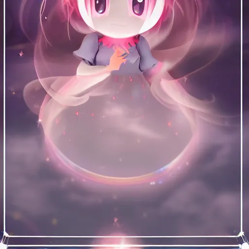 Image similar to cute fumo plush girl gazing into a crystal ball swirling with strange energy, smoke and volumetric fog, witch girl, soothsayer, lens flare glow, chibi anime, vray