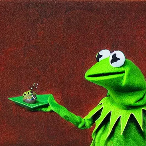 Image similar to Kermit the frog artwork by heirnonymus Bosch