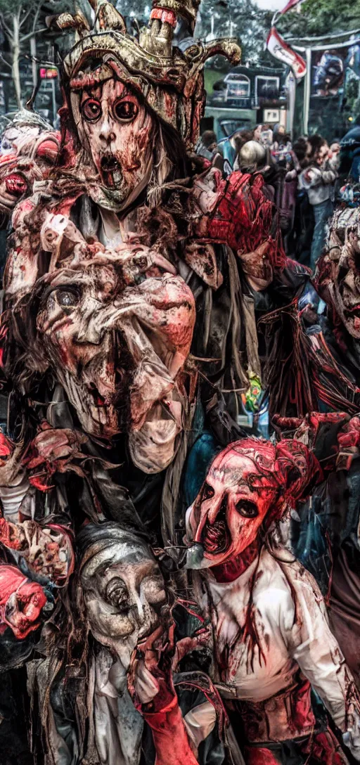 Image similar to horror silent hill carnival, fools and jesters performing, high-resolution, extreme detail