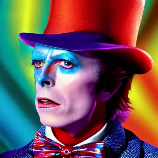 Image similar to awe inspiring David Bowie as Willy Wonka movie poster 4K amazing lighting