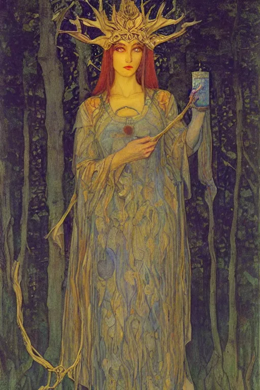 Image similar to queen of the forest with her lantern, by Annie Swynnerton and Nicholas Roerich and jean delville, dramatic cinematic lighting , ornate headdress , flowing robes, lost civilizations, extremely detailed