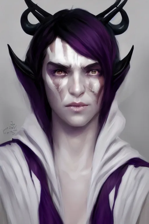 Prompt: white horns djinn human hybrid, black hair , portrait, concept art, full body purple and white thich cloak, single face, illustration, costume design, editorial photo, fashion, hyperrealism, realism, trending on artstation, Charlie Bowater, WLOP