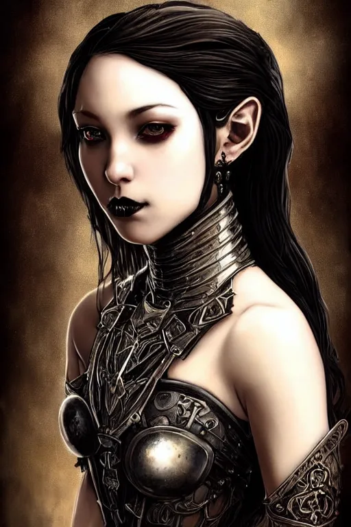 Image similar to beautiful luxury and gothic and victorian and evil young female medieval black armor knight portrait like lisa blackpink+smoky eyes+front face with light flowing hair, ultradetail face, art and illustration by tian zi and craig mullins and WLOP and alphonse mucha, ssci-fi, fantasy, intricate complexity, human structure, hypermaximalist, fantasy character concept, dynamic lighting, neon light, watermark, blurry, hyperrealism 8k