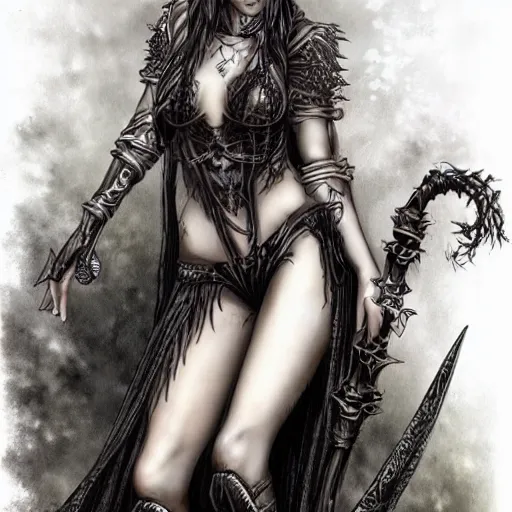 Prompt: nice girl with fantasy outfit in the style of luis royo and boris