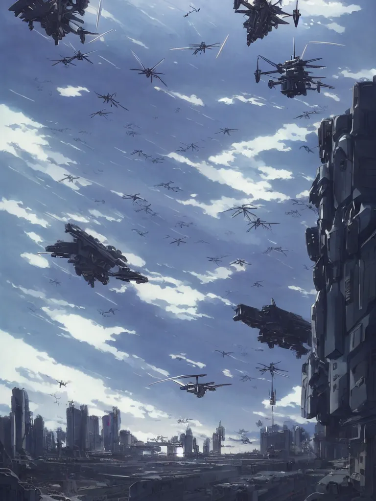 Image similar to Beautiful Epic scene of a beautiful gigantic Patlabor style mech being air lifted by futuristic helicopters above a futuristic Tokyo style military city, by Greg Rutkowski and Krenz Cushart and Pan_Ren_Wei and Hongkun_st and Bo Chen and Enze Fu and WLOP and Alex Chow, Madhouse Inc., anime style, crepuscular rays, set in rainy futuristic cyberpunk Tokyo street, dapped light, dark fantasy, cgsociety, trending on artstation