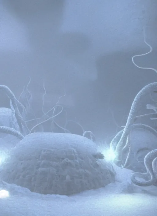 Image similar to a cinematic still from the thing ( 1 9 8 2 ), tentacles, particles, volumetric light, hyperrealistic, snow, ultradetailed, ominous, octane render, neon, fog